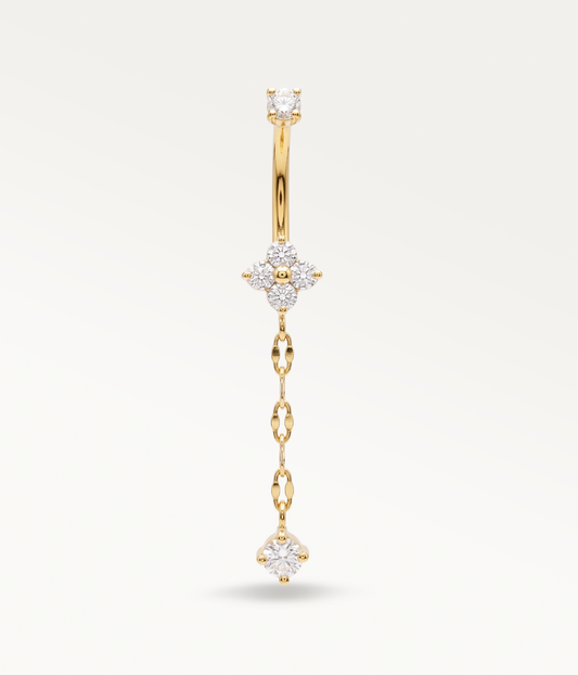 Melisse dorée, boucle à deux pierres prolongée par une chaßne et un pendentif, vue de face.