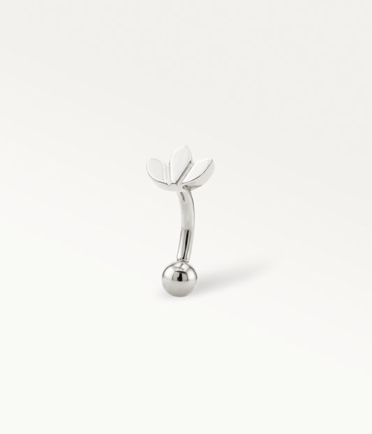 Silver-tone Lotus Banane, smooth three-petal design on a curved post, side view.