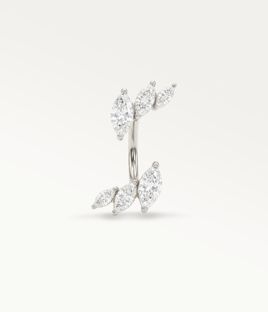Silver-tone Aile de Selene earring with two groups of three marquise-shaped stones, side view.