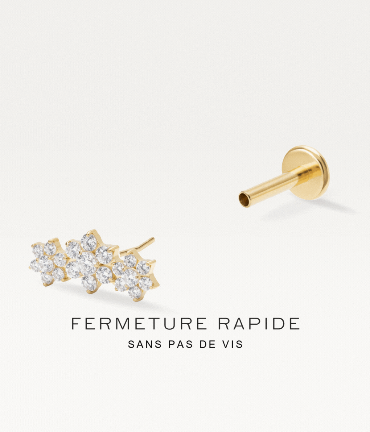 Gold-tone floral constellation piercing jewellery with its threadless fastening illustrated