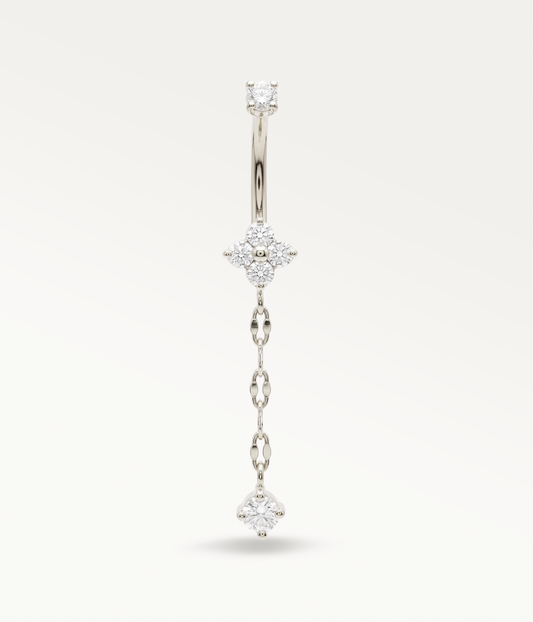 Silver-tone Melisse, a two-stone earring extending into a chain and pendant, front view.