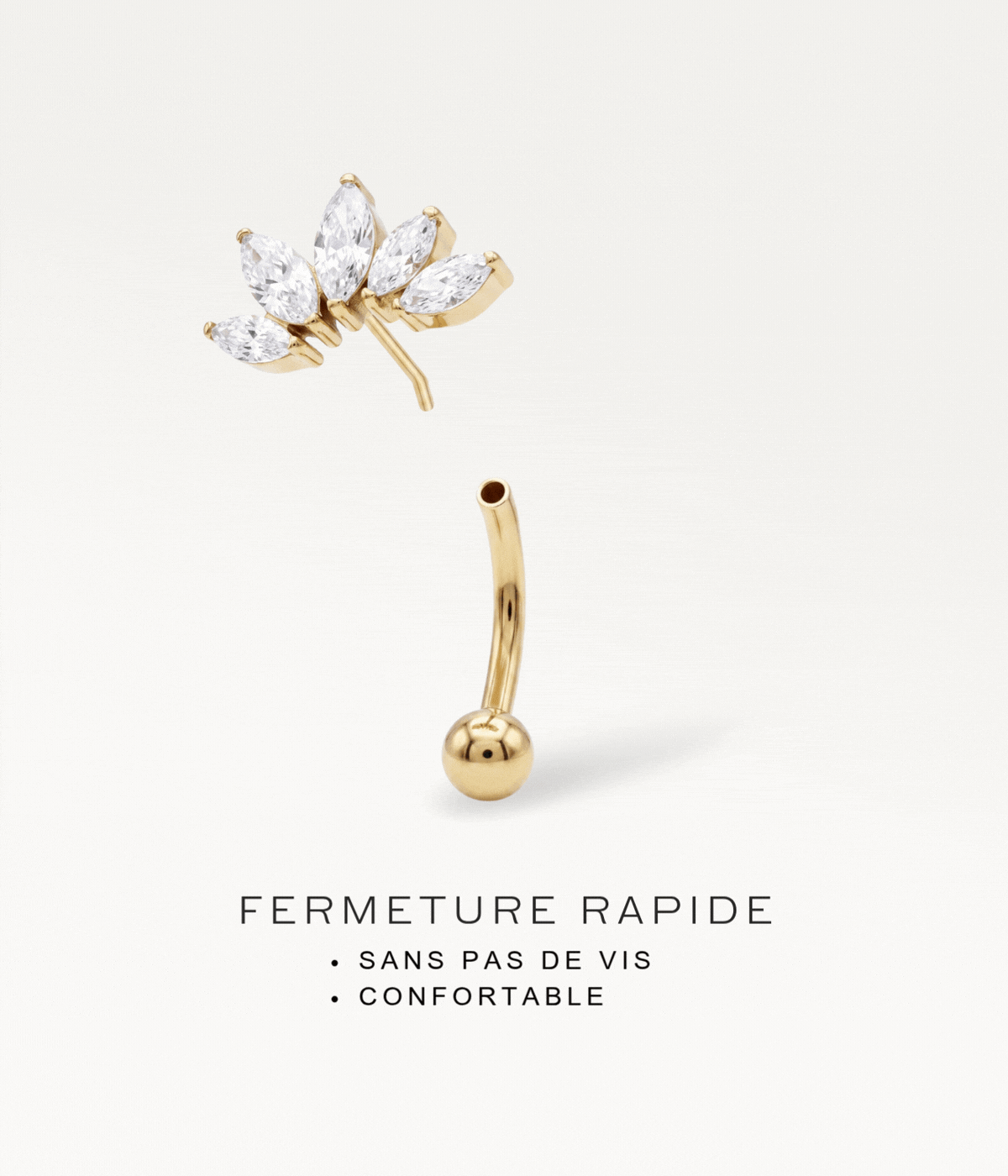 DiadÚme doré démonté illustrant la fermeture rapide sans pas de vis.