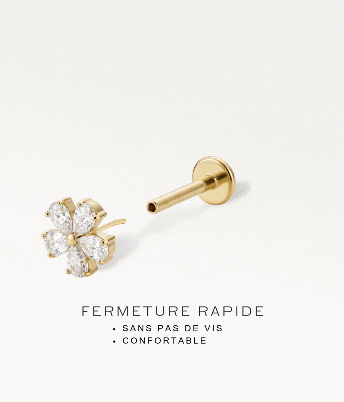 Gold-tone camellia flower piercing jewellery with a threadless system, demonstrating the quick fastening without screws