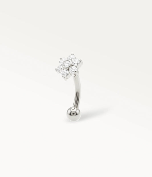 Silver-tone flower rook jewellery with sparkling stones, cartilage jewellery in side view