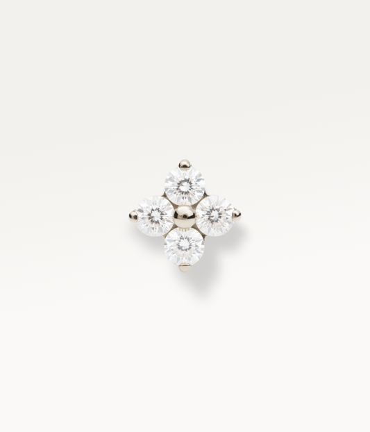 Silver-tone TrĂšfle Lobe stud with four round stones, front view.