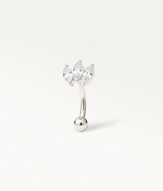 Silver-tone Eugenie, three marquise stones arranged as petals on a curved post, three-quarter view.