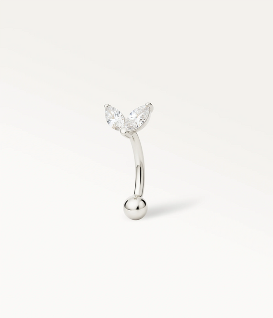 Silver-tone Athénais with two marquise stones on a curved post, side view.
