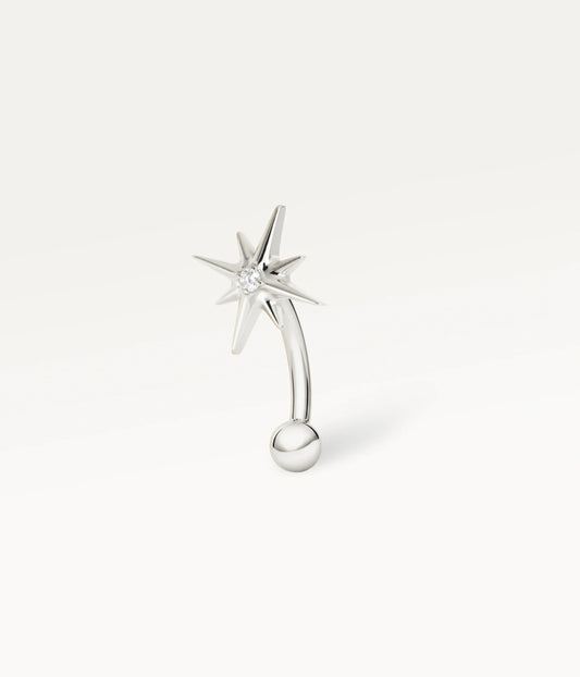 Silver-tone Belle Etoile, curved barbell with an eight-pointed star and ball, side view.