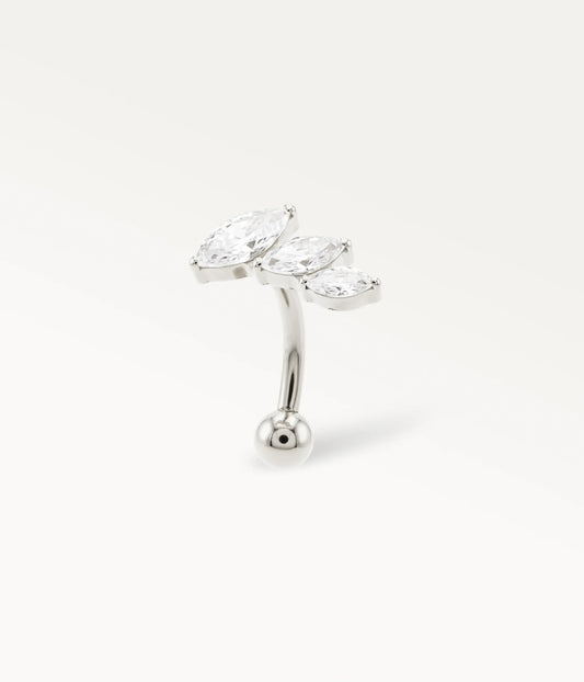 Silver-tone Nyméa piercing jewellery in polished titanium, ear jewellery with marquise-shaped zircons in perspective view