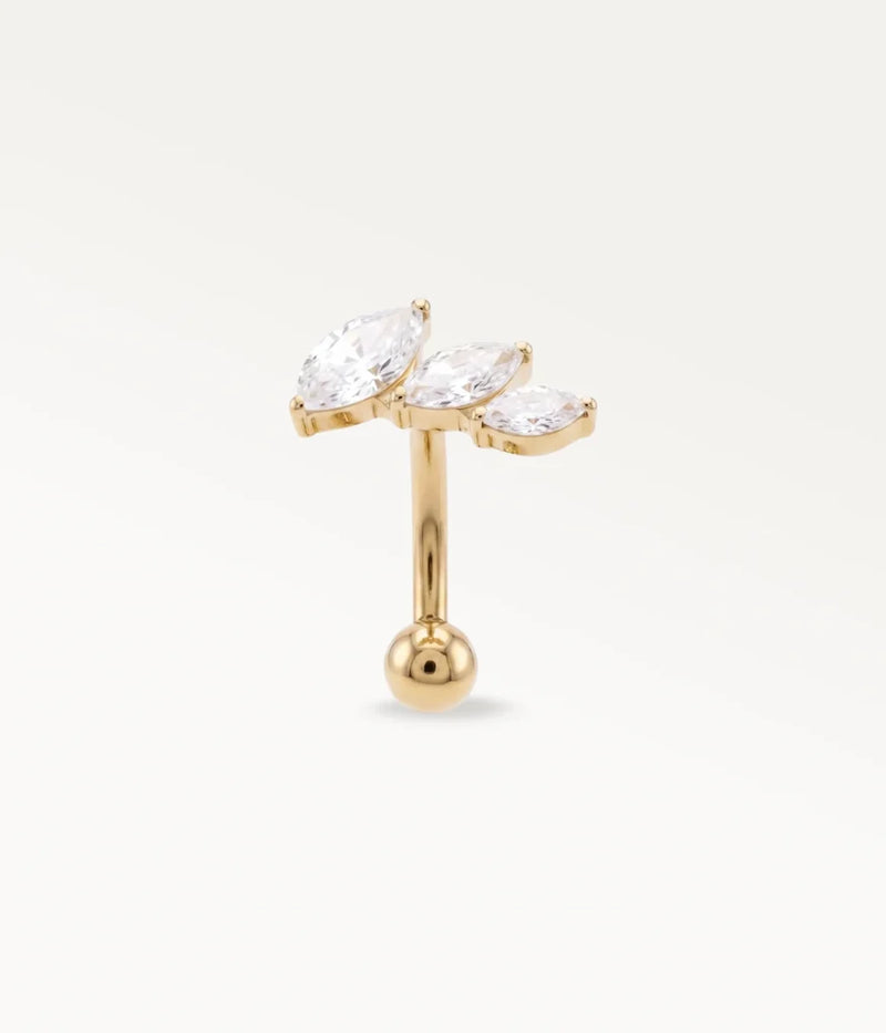 Piercing Nyméa doré orné de pierres marquise brillantes, vue de face pour hélix ou arcade