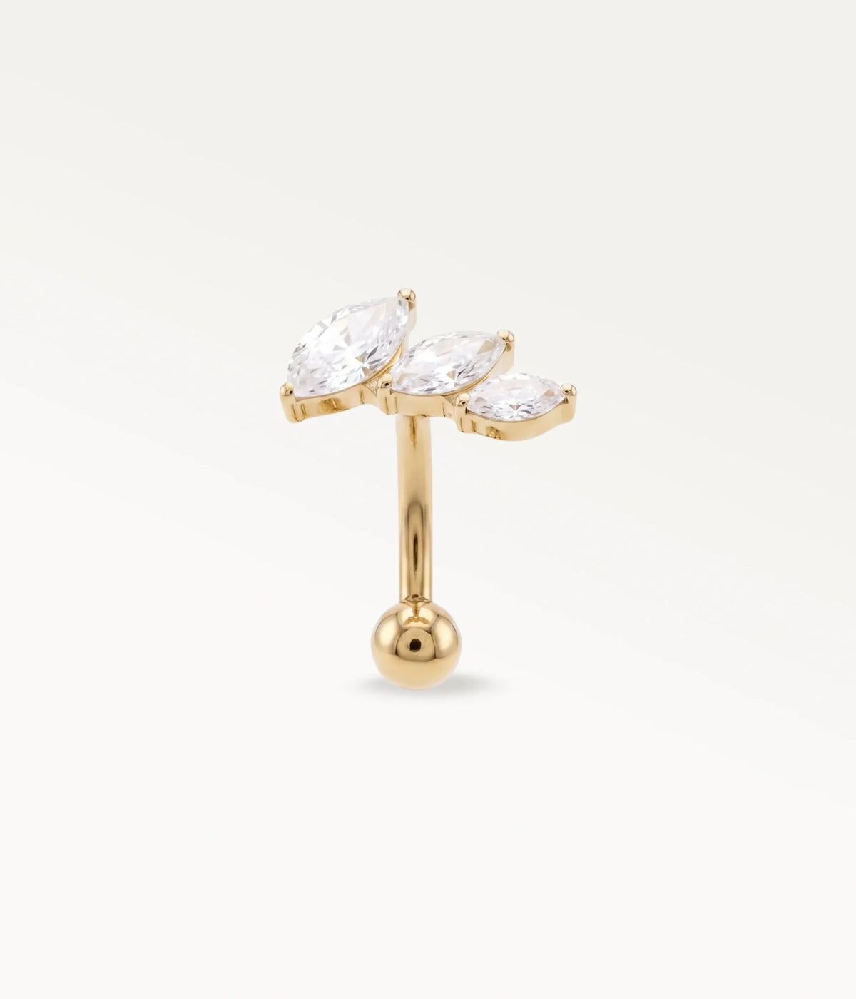 Piercing Nyméa doré orné de pierres marquise brillantes, vue de face pour hélix ou arcade