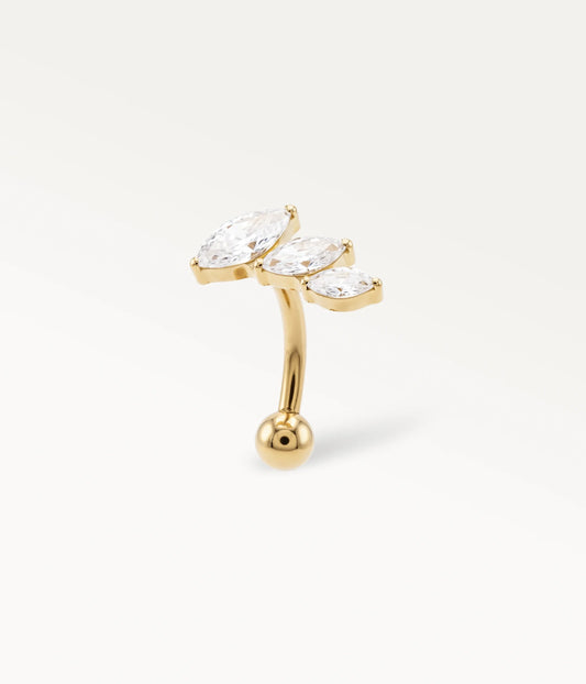 Piercing Nyméa doré avec cristaux marquise, bijou de cartilage raffiné présenté en vue latérale