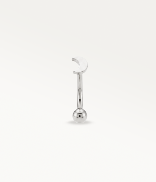 Silver-tone Elara Banane, front view of the crescent moon and lower ball.
