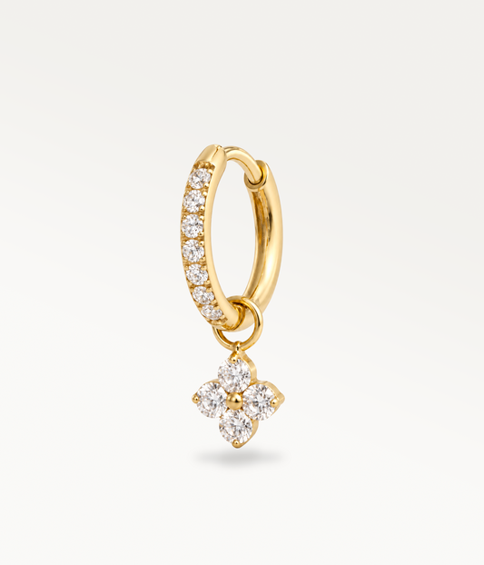 Créole Poésie dorée à strass et pendentif à quatre pierres, vue de trois quarts.