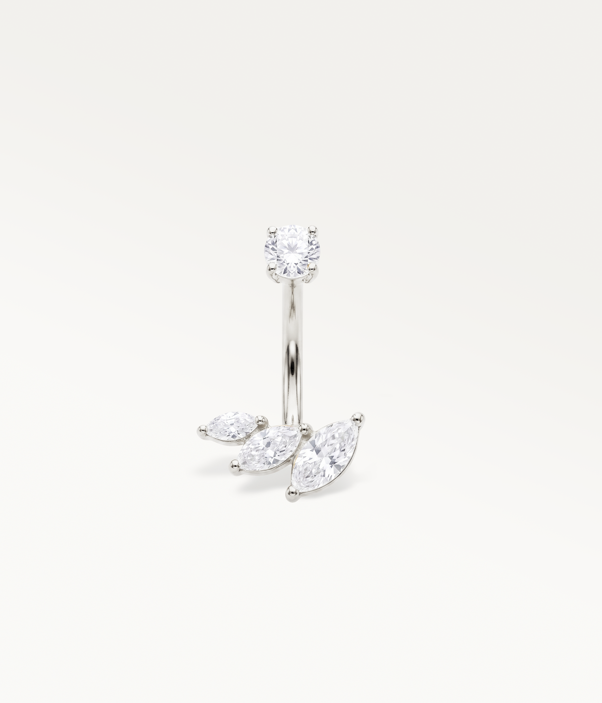 Silver-tone Eclat earring with a round stone and three marquise-shaped stones, side view.