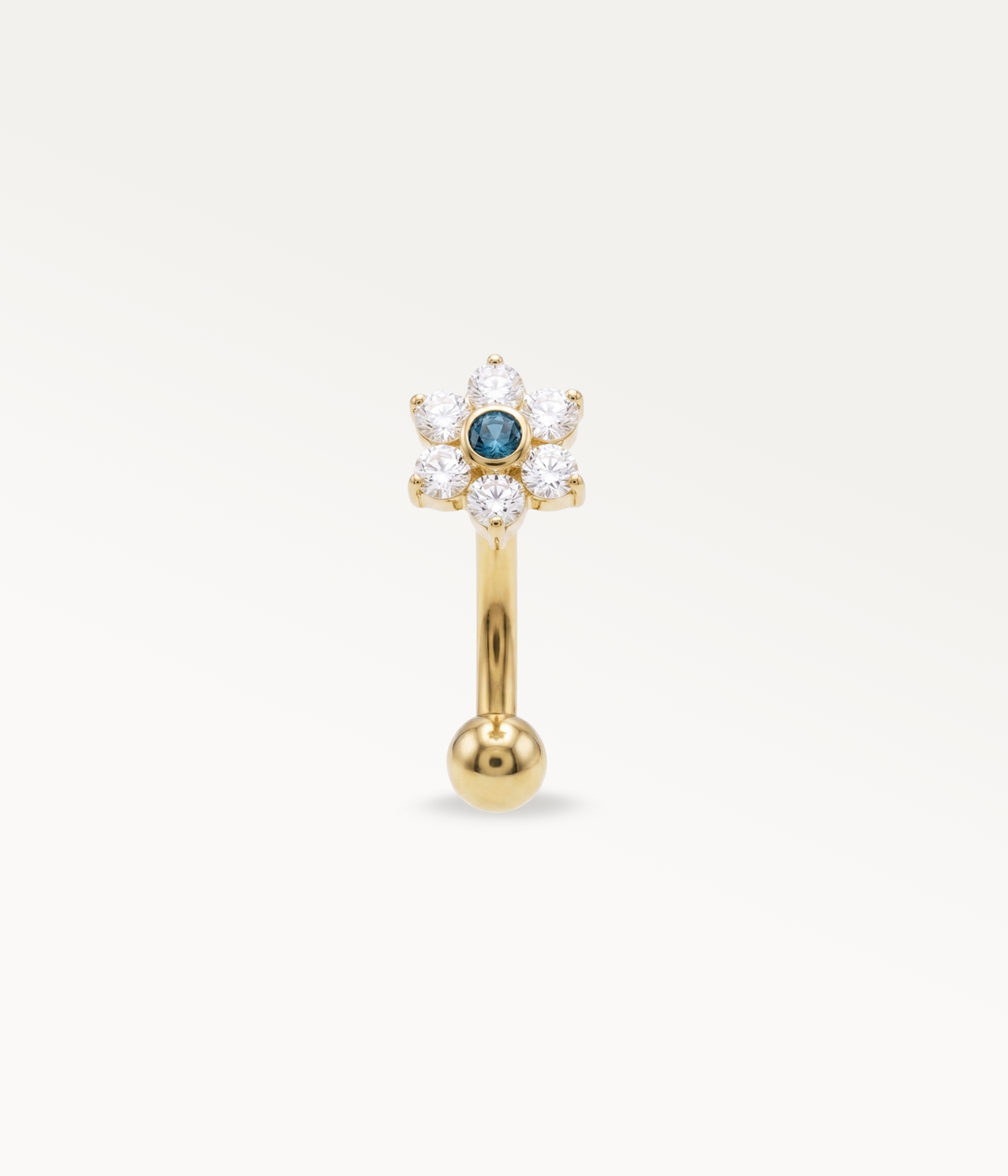 Jolane Bleu, gebogener Barbell, goldfarben, Frontalansicht der Blume mit blauem Zentrum und der unteren Kugel.