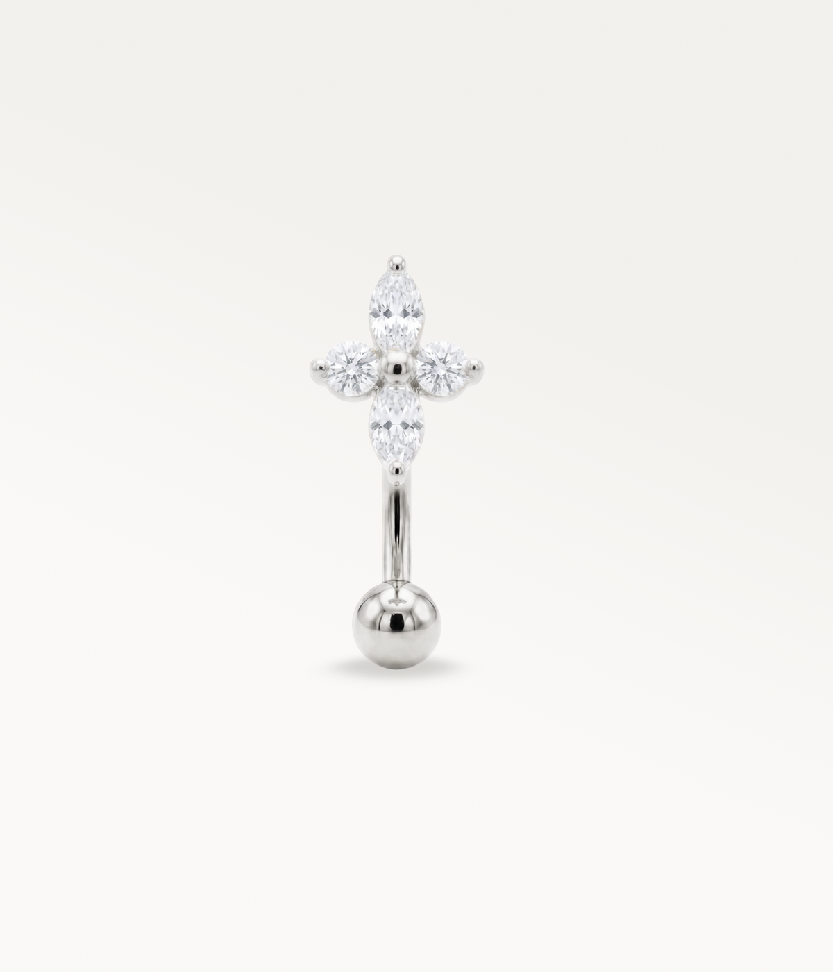 Silver-tone Aster Banane, front view of the four-stone design and lower ball.
