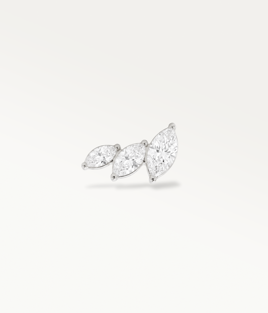 Silver-tone Artemis stud with three marquise stones in increasing sizes, front view.