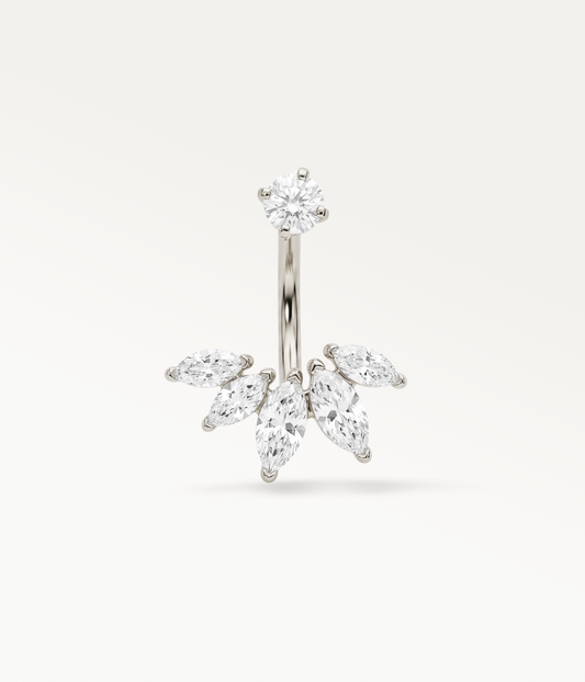 Silver-tone Solange earring with a round stone and a fan of marquise-shaped stones, side view.