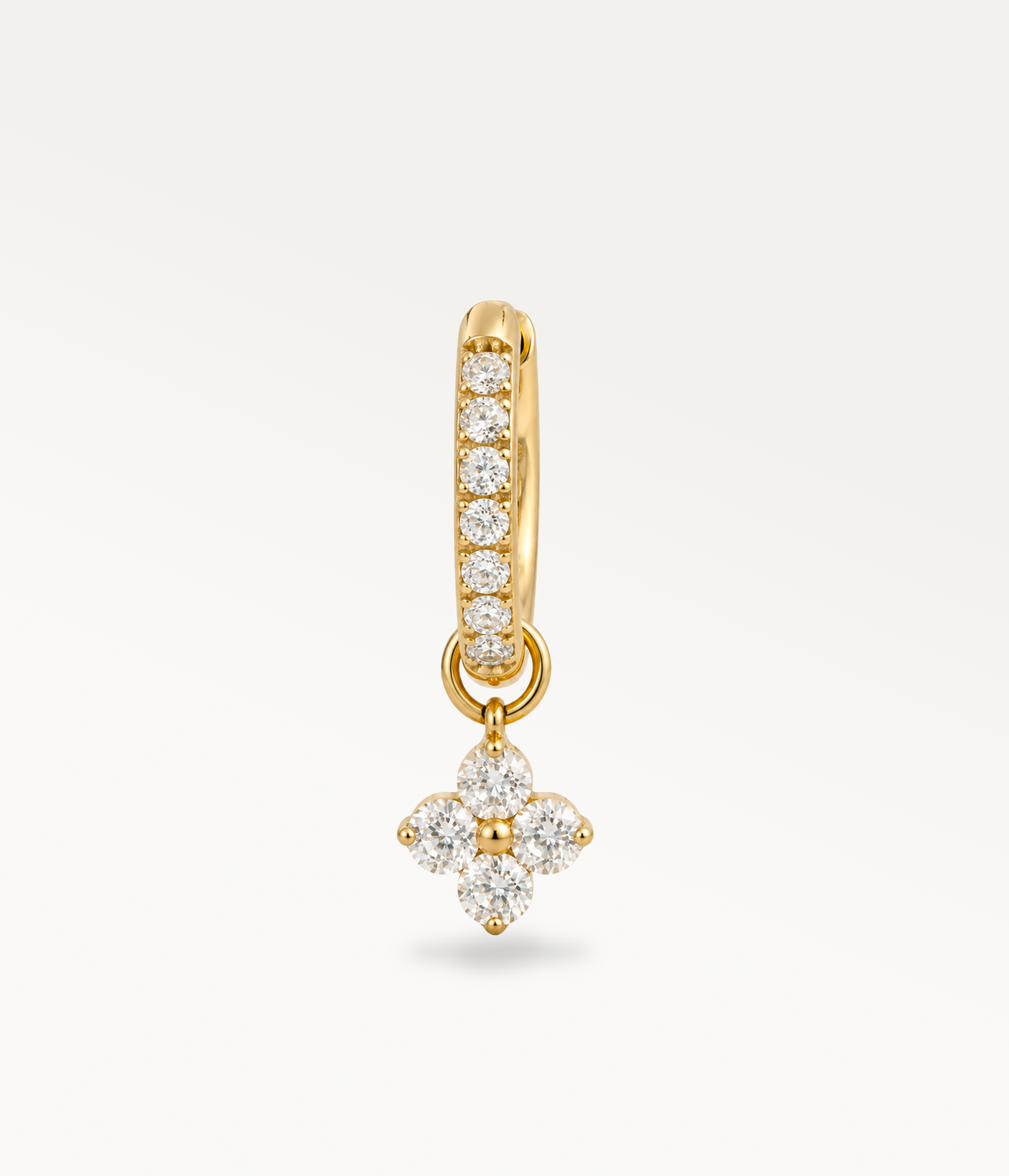 Gold-tone Poésie hoop earring with a four-stone pendant, front view.