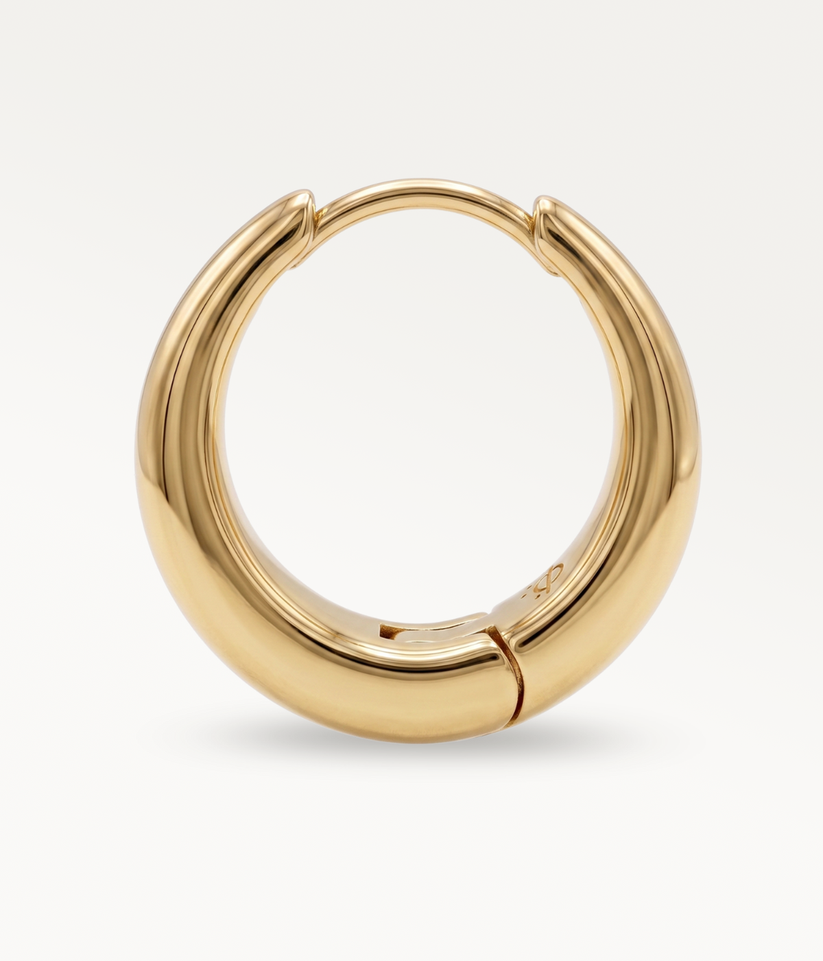 Large gold-tone Soline hoop earring, side view of the hoop and closed clasp.