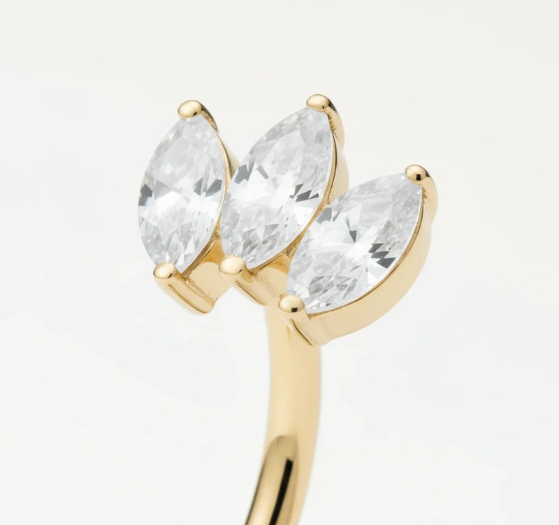 Gros plan sur piercing banane fleur doré avec pierres marquise