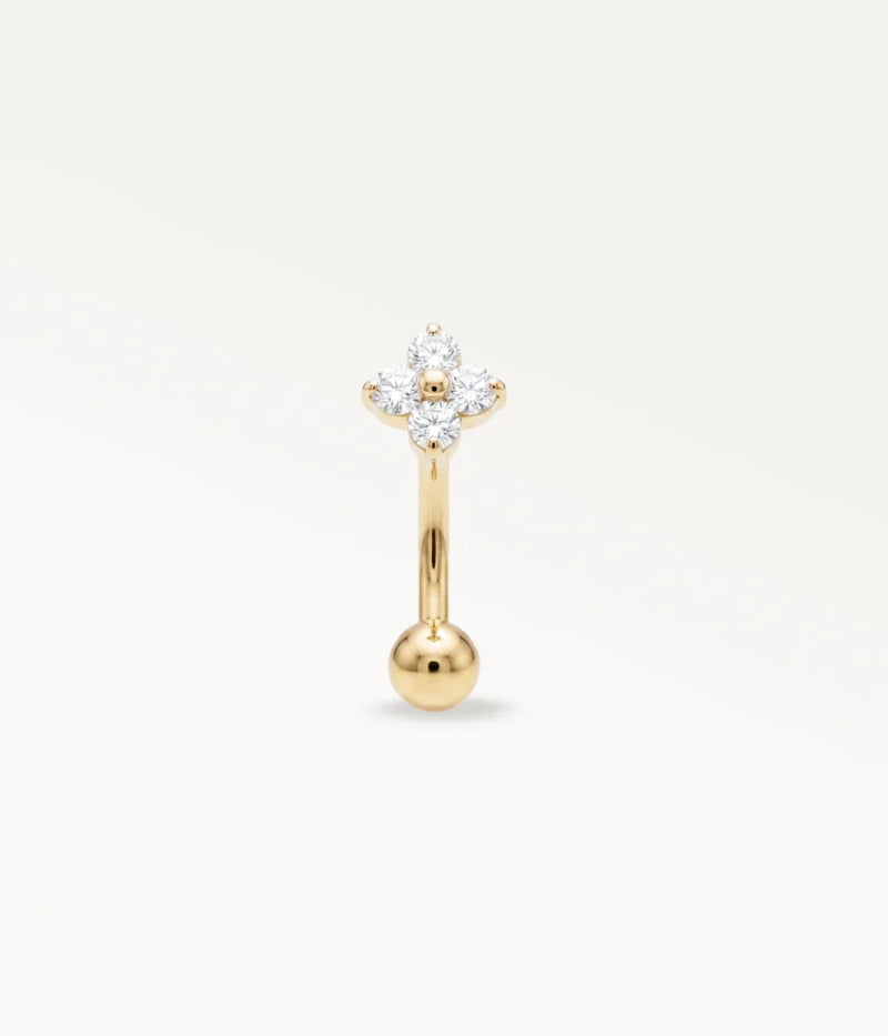 Vue de face d'un piercing banane fleur doré avec zircons, accessoire d'hélix éclatant