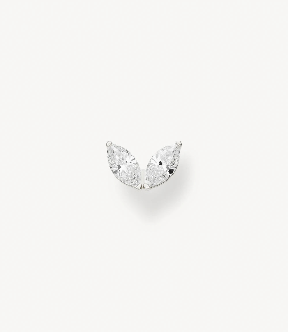 Front view of silver-tone piercing jewellery shaped as two petals adorned with radiant stones