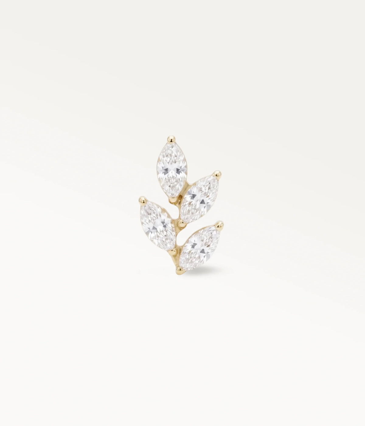 Gold-tone leaf piercing jewellery set with marquise-shaped zircons, floral ear jewellery in front view