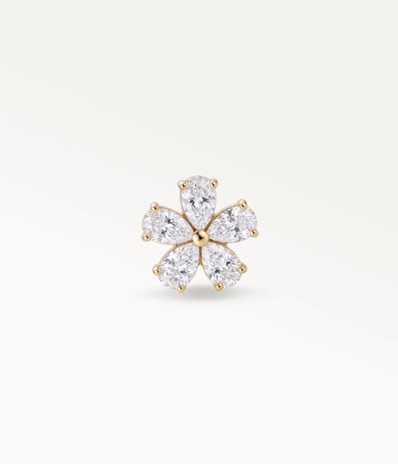 Gold-tone camellia flower piercing jewellery adorned with marquise-shaped zircons, sparkling front view for the helix