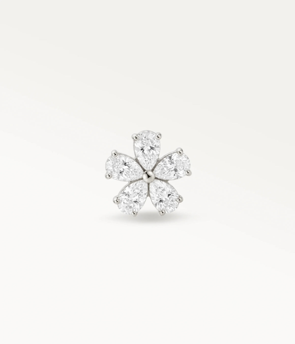Front view of silver-tone camellia flower piercing jewellery with sparkling reflections, an elegant style