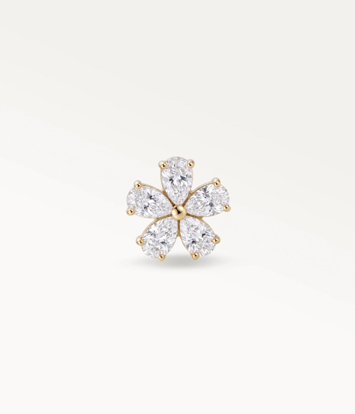 Gold-tone camellia flower piercing jewellery adorned with marquise-shaped zircons, sparkling front view for the helix