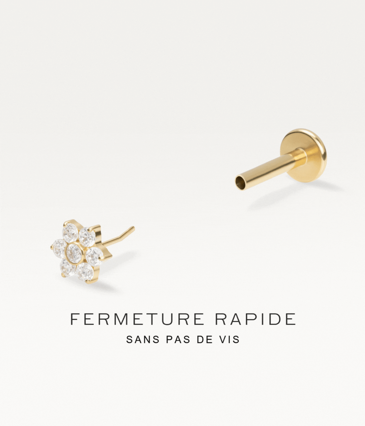 Gold-tone flower piercing jewellery with a threadless fastening, a practical system without screw threads