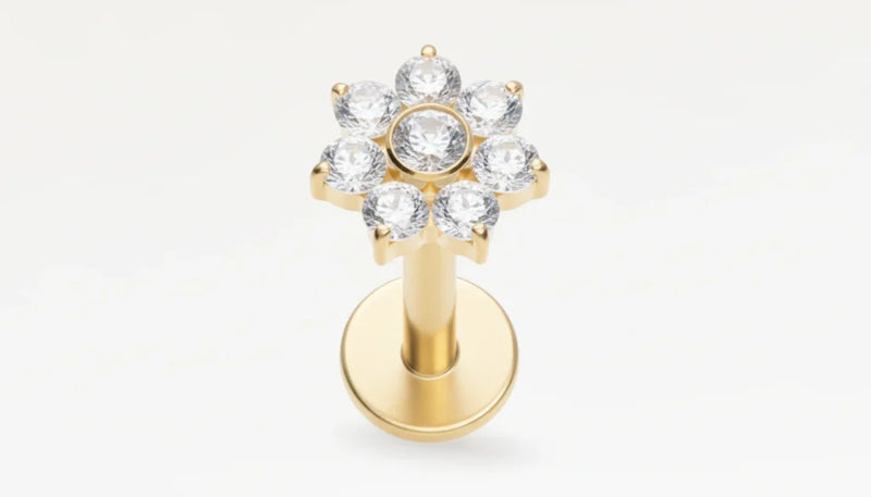 Piercing fleur en titane doré orné de zircons, bijou hypoallergénique élégant