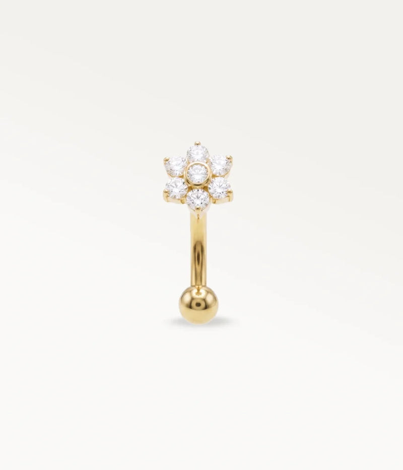 Piercing rook fleur doré orné de zircons clairs, vue frontale éclatante