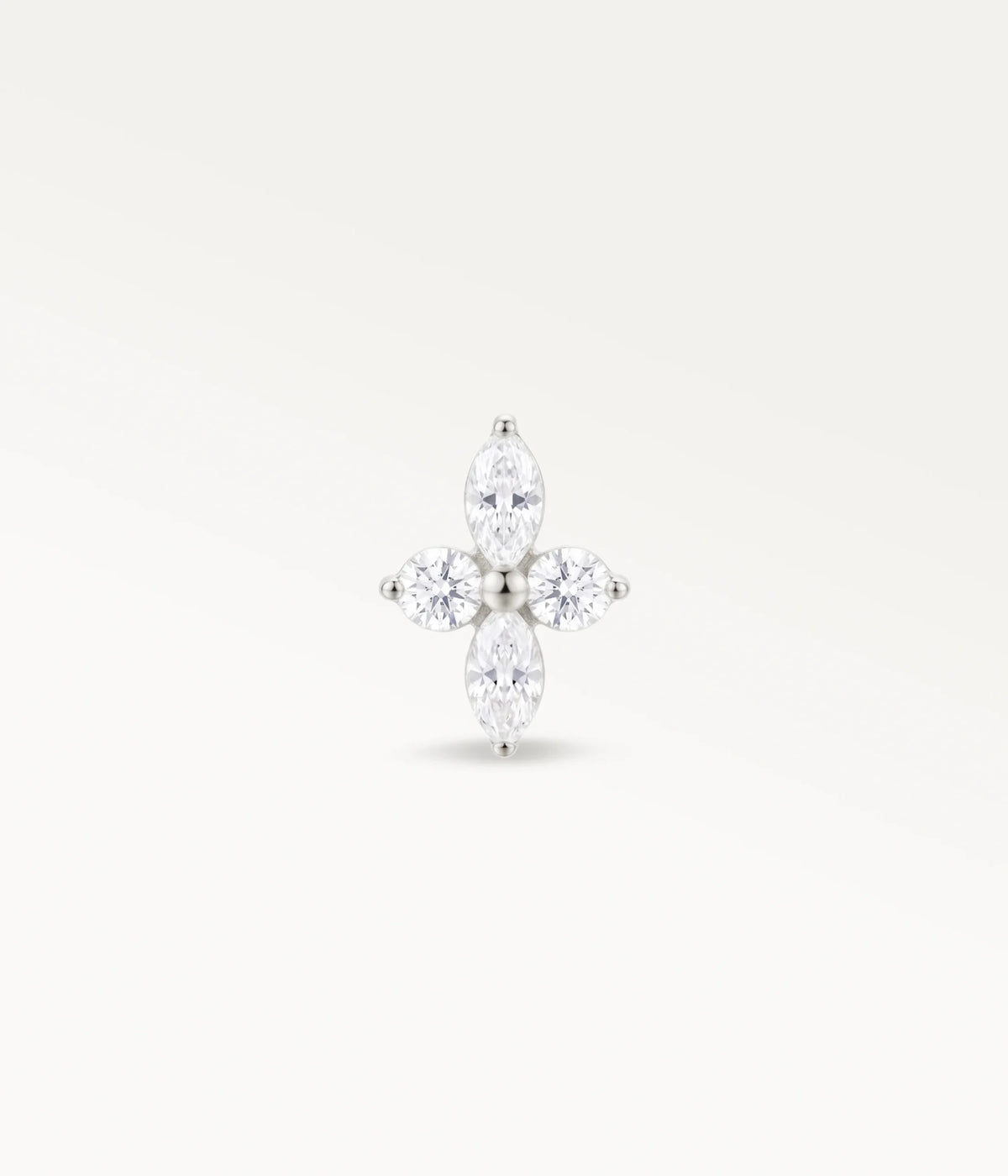 Front view of a silver-tone flower stud with sparkling reflections, an elegant style