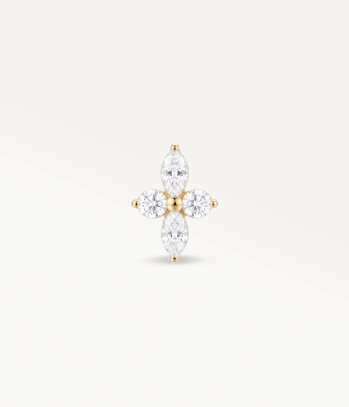Gold-tone flower stud adorned with marquise-shaped zircons, sparkling front view for the helix