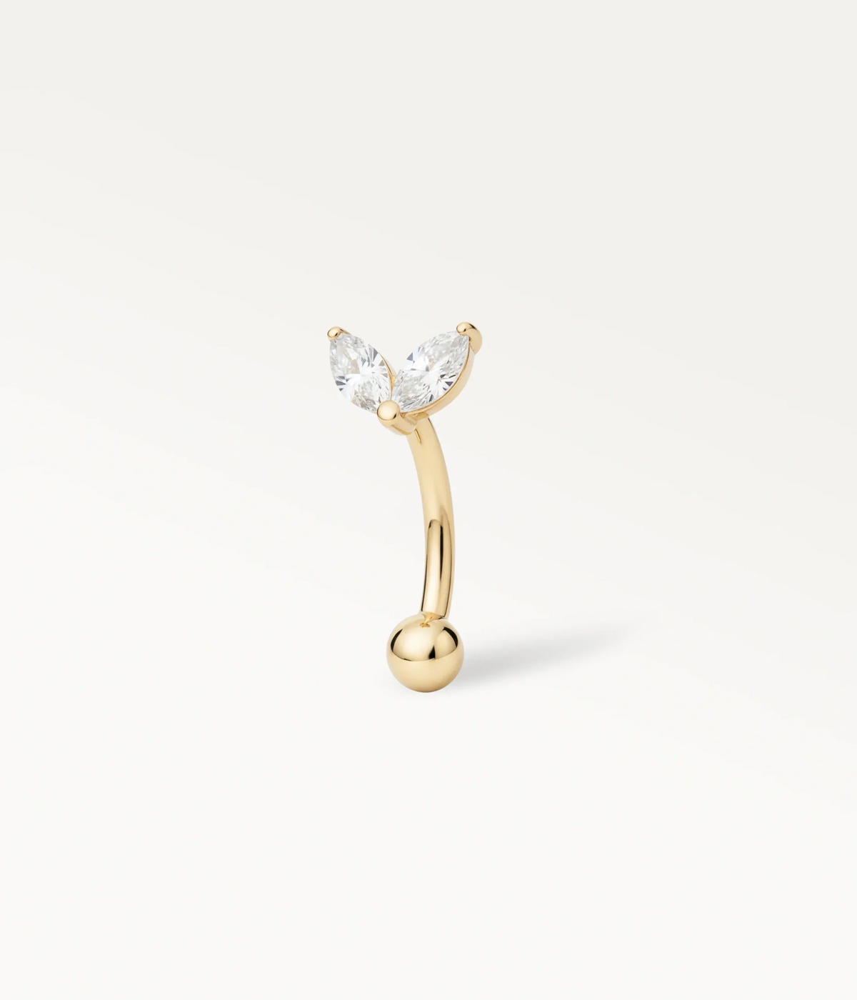 Athénais in Goldfarbe mit zwei Marquise-Steinen an einem gebogenen Barbell, Seitenansicht.