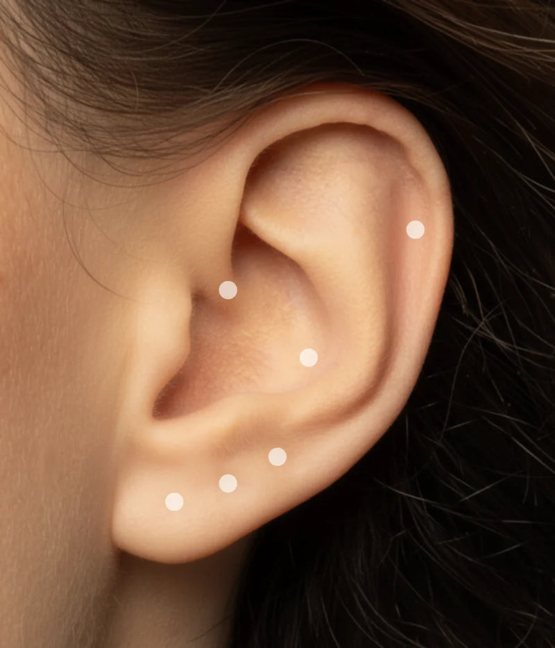 Schéma d’oreille avec repères au conch, à l’hélix, au lobe et au daith.