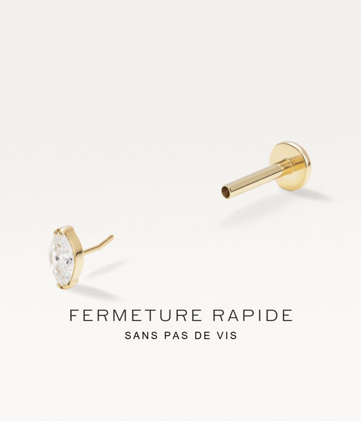 Gold-tone Marquise stud, disassembled to show the quick threadless fastening.