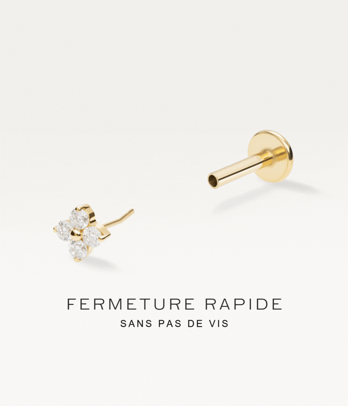 Stud Trèfle doré démonté illustrant la fermeture rapide sans pas de vis.