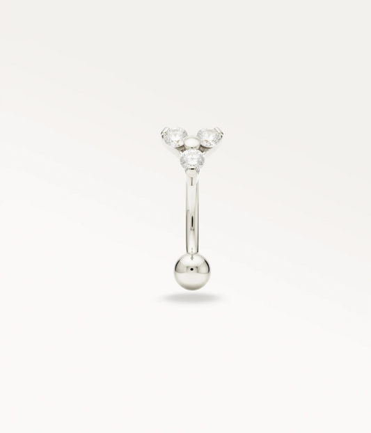 Silver-tone Triade Rook, front view of the triangular design and lower ball.