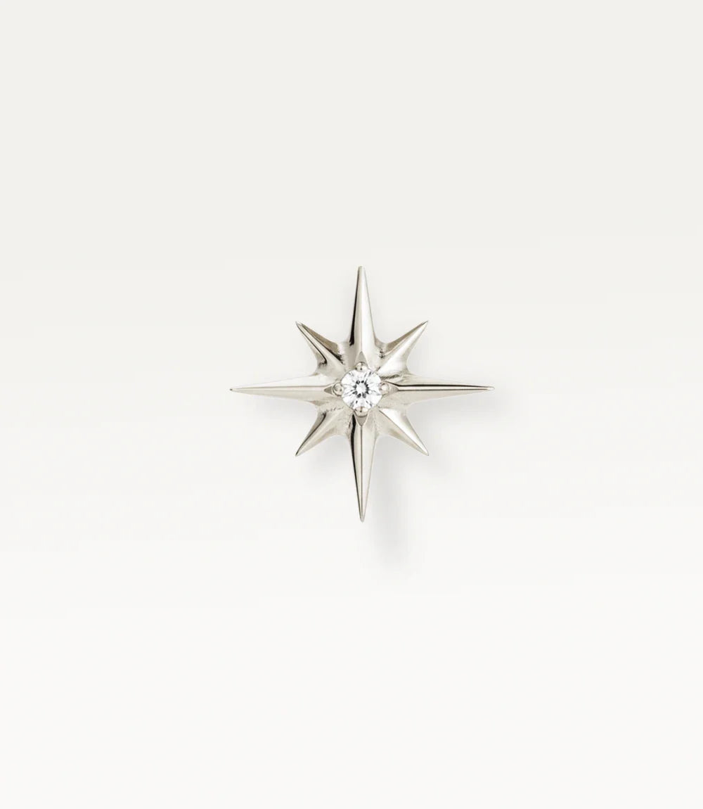 Silver-tone Astrée, eight-pointed star and central stone, front view.